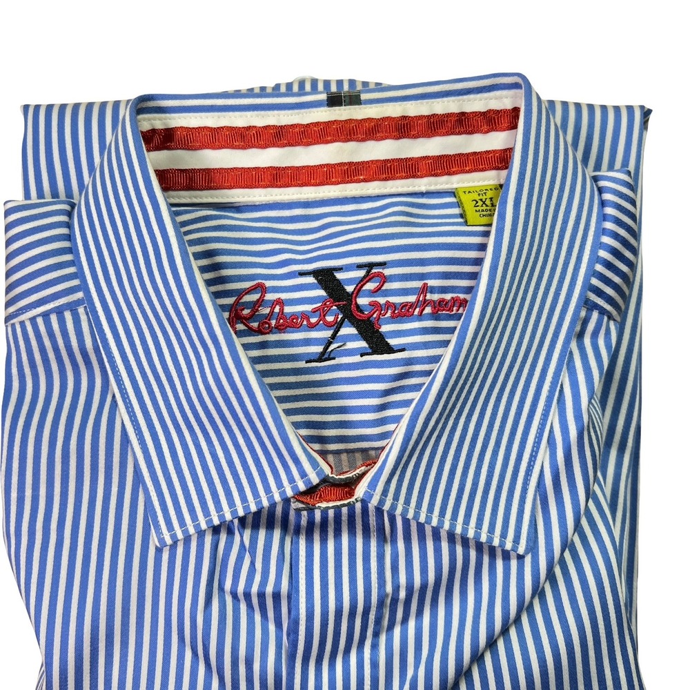 Robert Graham Mens 2XL Blue White Striped Tailored Fit Button Down Shirt LS